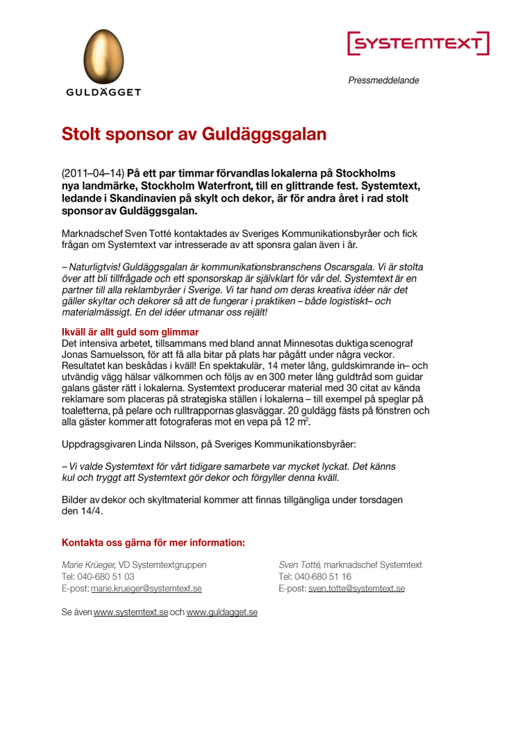 Stolt sponsor av Guldäggsgalan