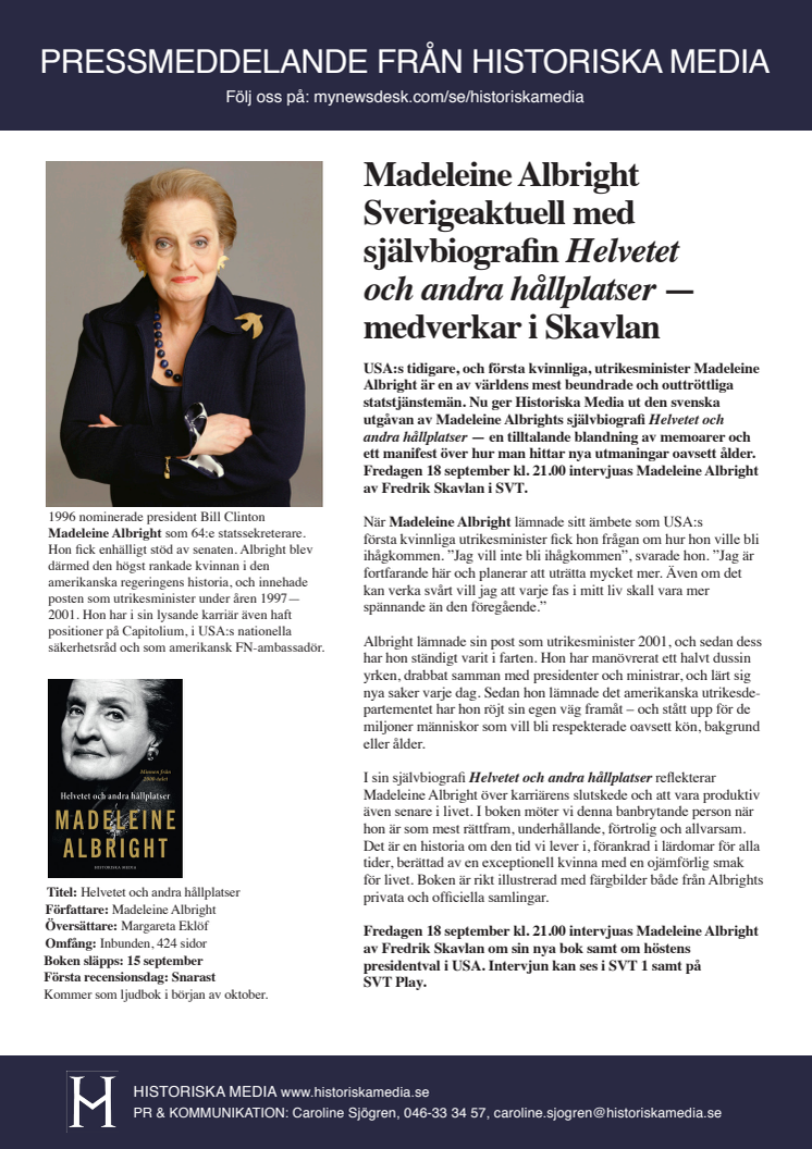 Madeleine Albright Sverigeaktuell med självbiografi — medverkar i Skavlan