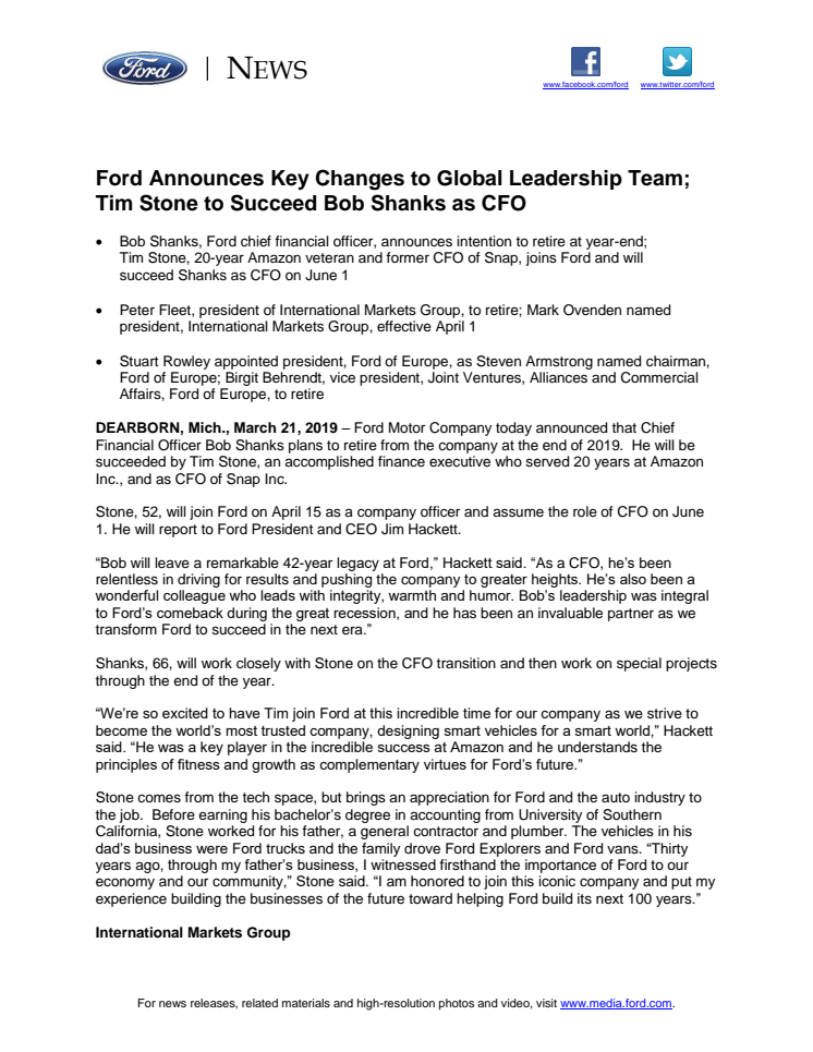 Ford Announces Key Changes to Global Leadership Team; Tim Stone to Succeed Bob Shanks as CFO