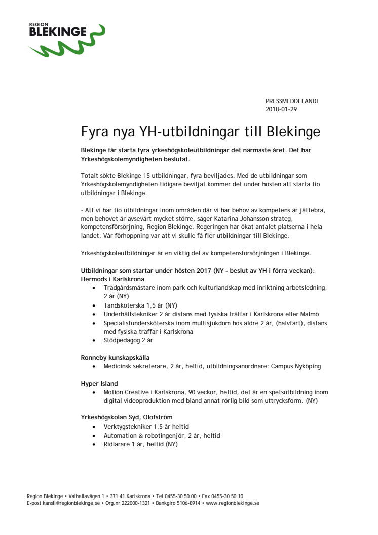 Fyra nya YH-utbildningar till Blekinge