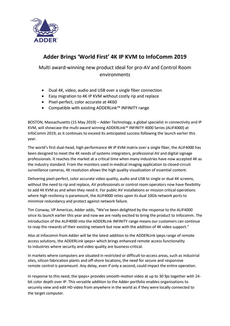 Adder Brings ‘World First’ 4K IP KVM to InfoComm 2019