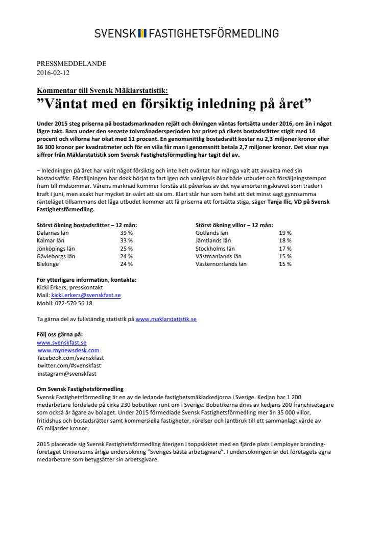 Kommentar till Svensk Mäklarstatistik: ”Väntat med en försiktig inledning på året”