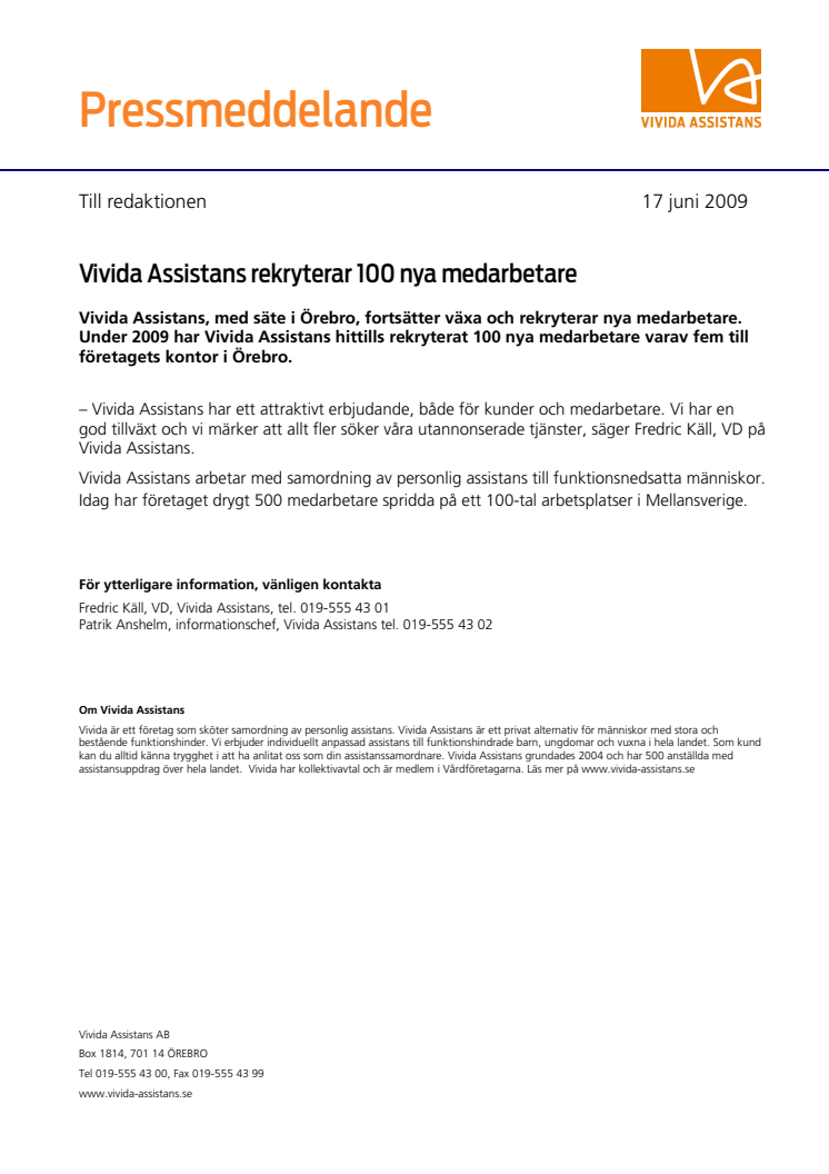 Vivida Assistans rekryterar 100 nya medarbetare