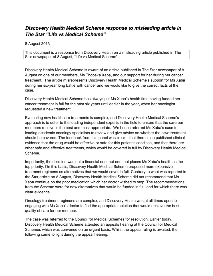 Discovery Health Medical Scheme response to misleading article in The Star “Life vs Medical Scheme”