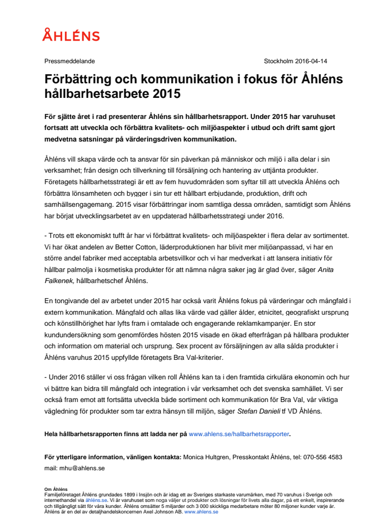 Förbättring och kommunikation i fokus för Åhléns hållbarhetsarbete 2015
