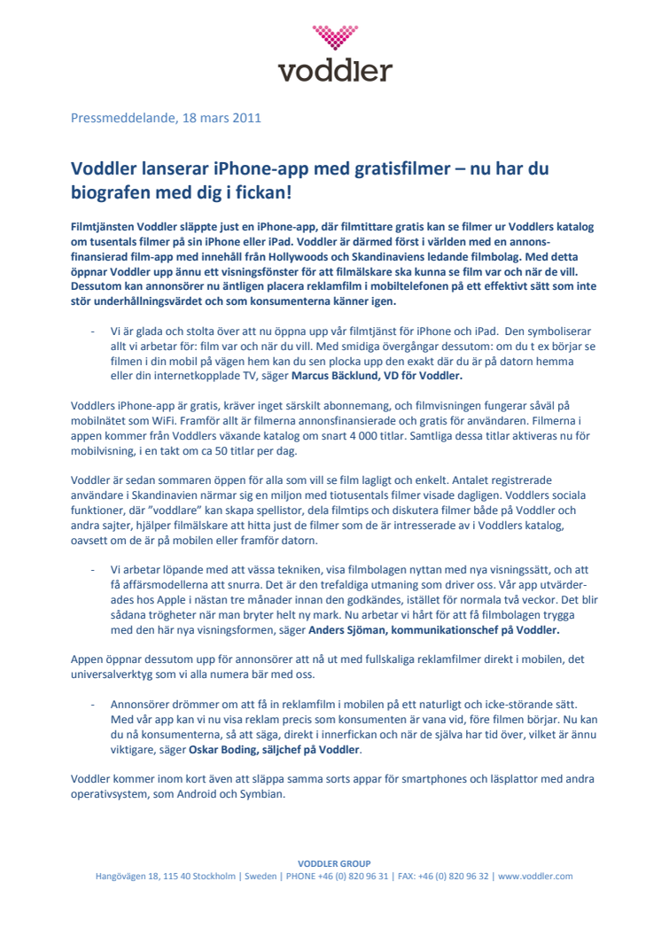 Voddler lanserar iPhone-app med gratisfilmer – nu har du biografen med dig i fickan!