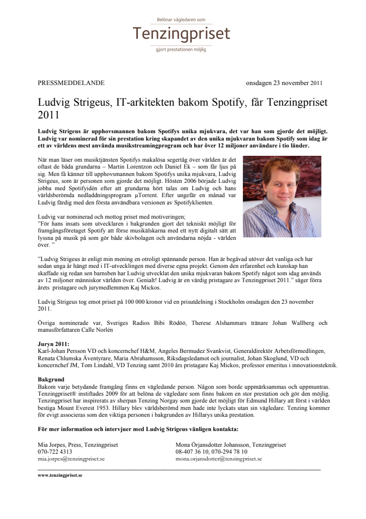 Ludvig Strigeus, IT-arkitekten bakom Spotify, får Tenzingpriset 2011 