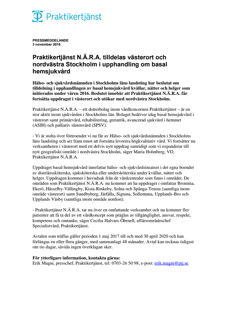 Praktikertjänst N.Ä.R.A. tilldelas västerort och nordvästra Stockholm i upphandling om basal hemsjukvård