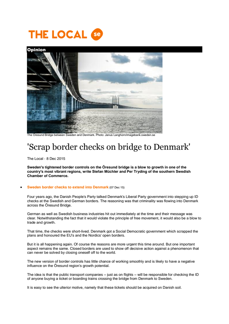 Scrap border checks on bridge to Denmark