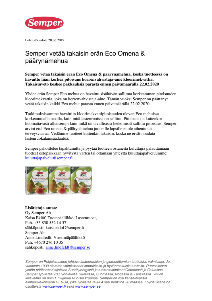 Semper vetää takaisin erän Eco Omena & päärynämehua 