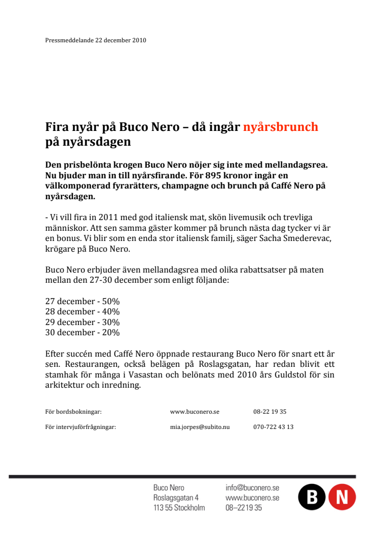 Fira nyår på Buco Nero – då ingår nyårsbrunch på nyårsdagen