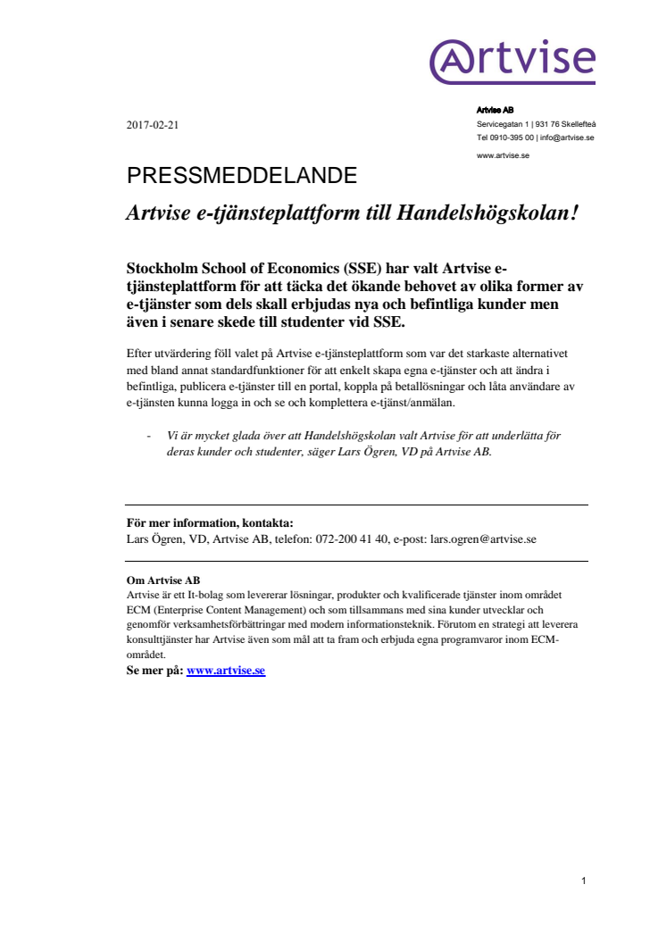 Artvise e-tjänsteplattform till Handelshögskolan!