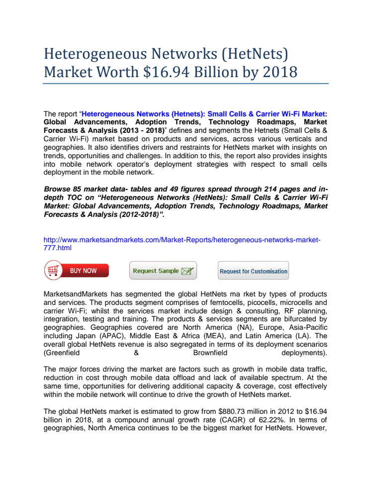 Heterogeneous Networks (HetNets) Market worth $16.94 Billion by 2018