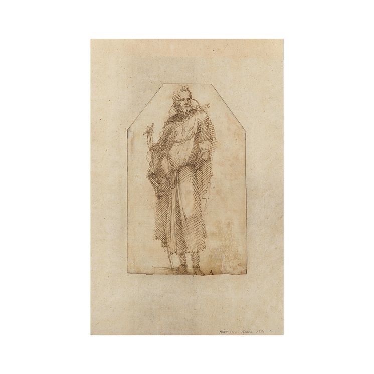Domenico Beccafumi (vers 1486-1551) Saint Antoine - Dessin double face Plume et lavis de bistre Monogrammé en bas au milieu Au verso, Femmes agenouillées 20,5 x 13 cm
