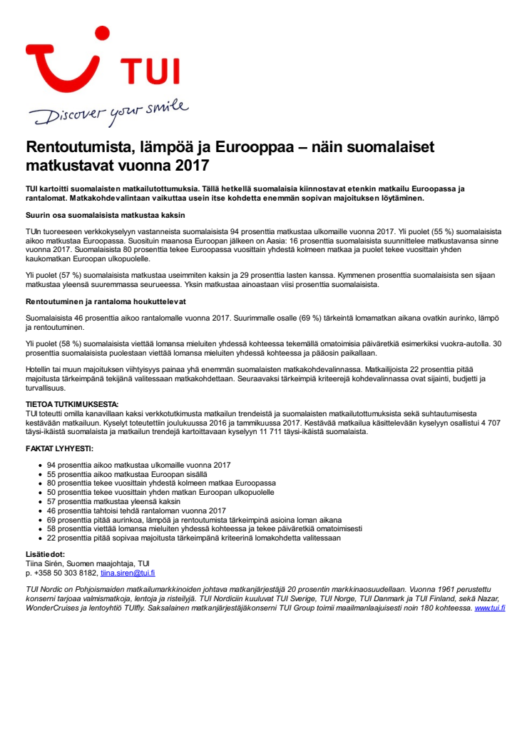 Rentoutumista, lämpöä ja Eurooppaa – näin suomalaiset matkustavat vuonna 2017