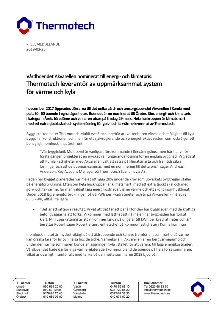 Unikt vårdboende nominerat till Energi- och Klimatpris - Thermotech leverantör av systemet för värme och kyla