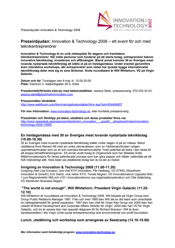 Pressinbjudan: Innovation & Technology 8 maj 2008 – ett event för och med teknikentreprenörer