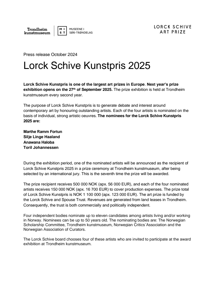 Press release Lorck Schive Kunstpris 2025 