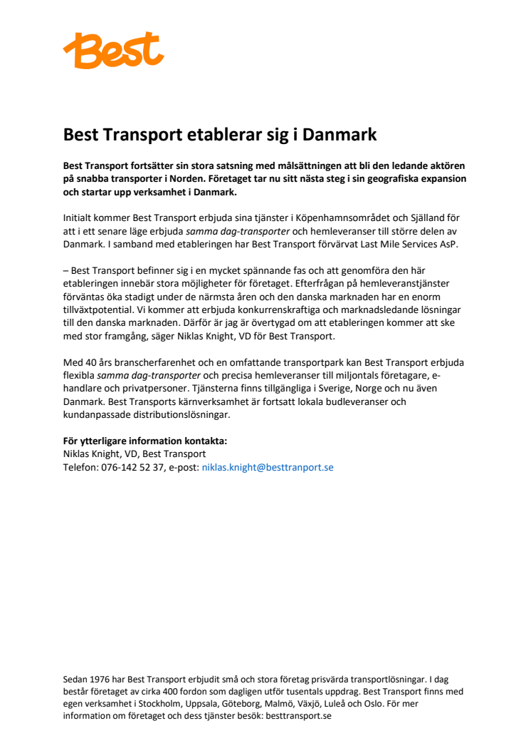 Best Transport etablerar sig i Danmark