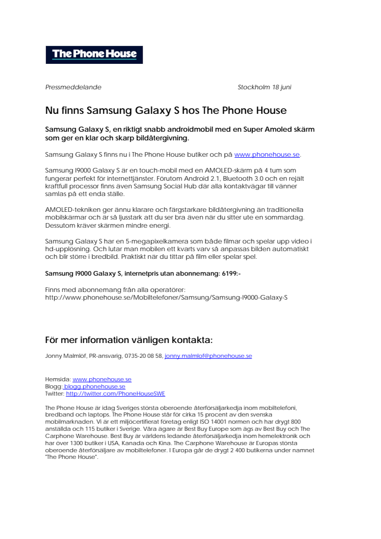Nu finns Samsung Galaxy S hos The Phone House