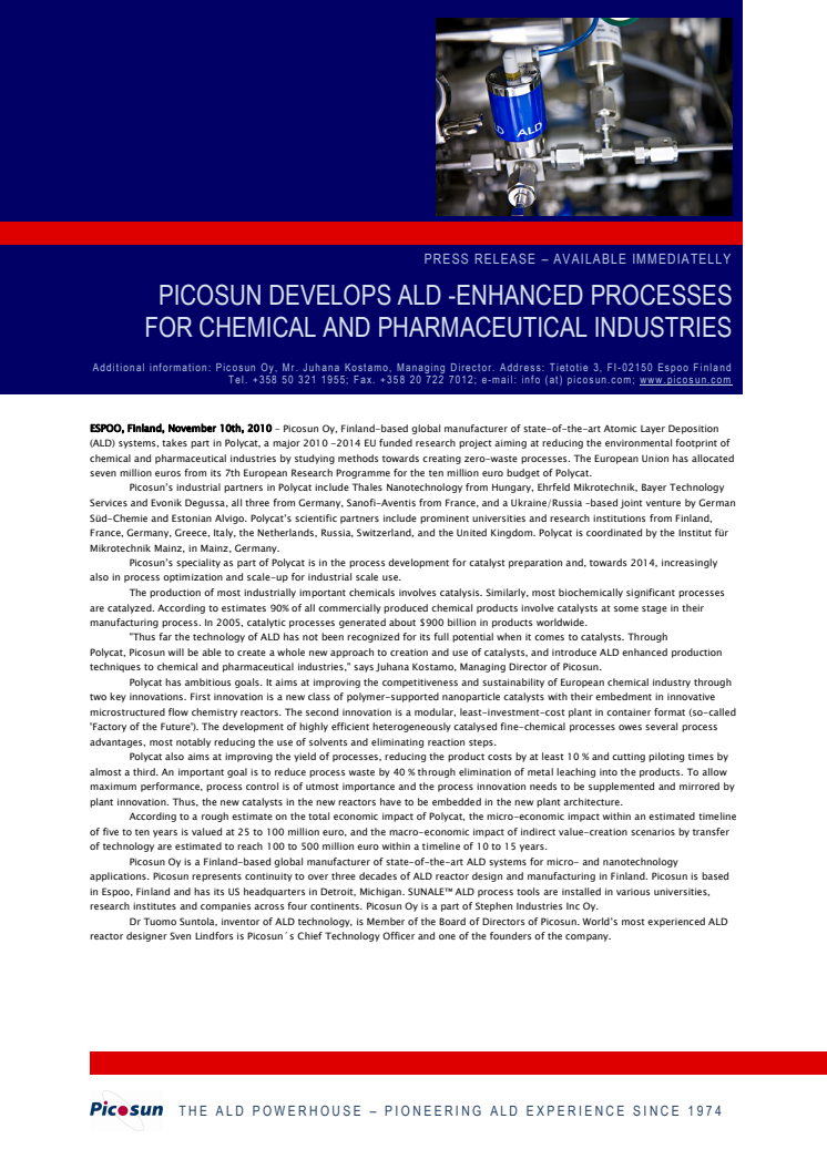 Picosun develops ALD-enhanced processes for chemical and pharmaceutical industries