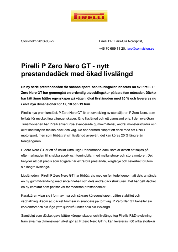 Pirelli P Zero Nero GT - nytt  prestandadäck med ökad livslängd