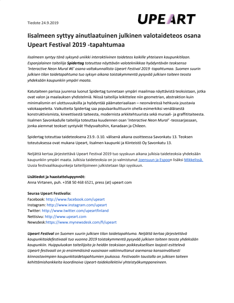 Iisalmeen syttyy ainutlaatuinen julkinen valotaideteos osana Upeart Festival 2019 -tapahtumaa