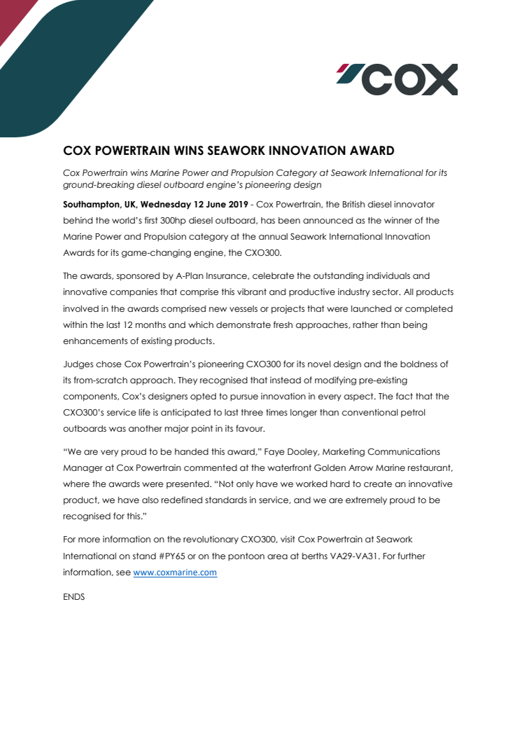 Cox Powertrain Wins Seawork Innovation Award