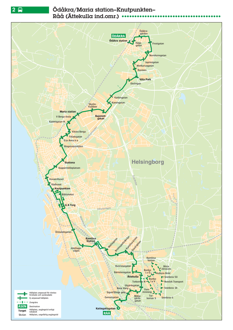 Stadsbuss linje 2 i Helsingborg - karta och tidtabell - 13 augusti 2017