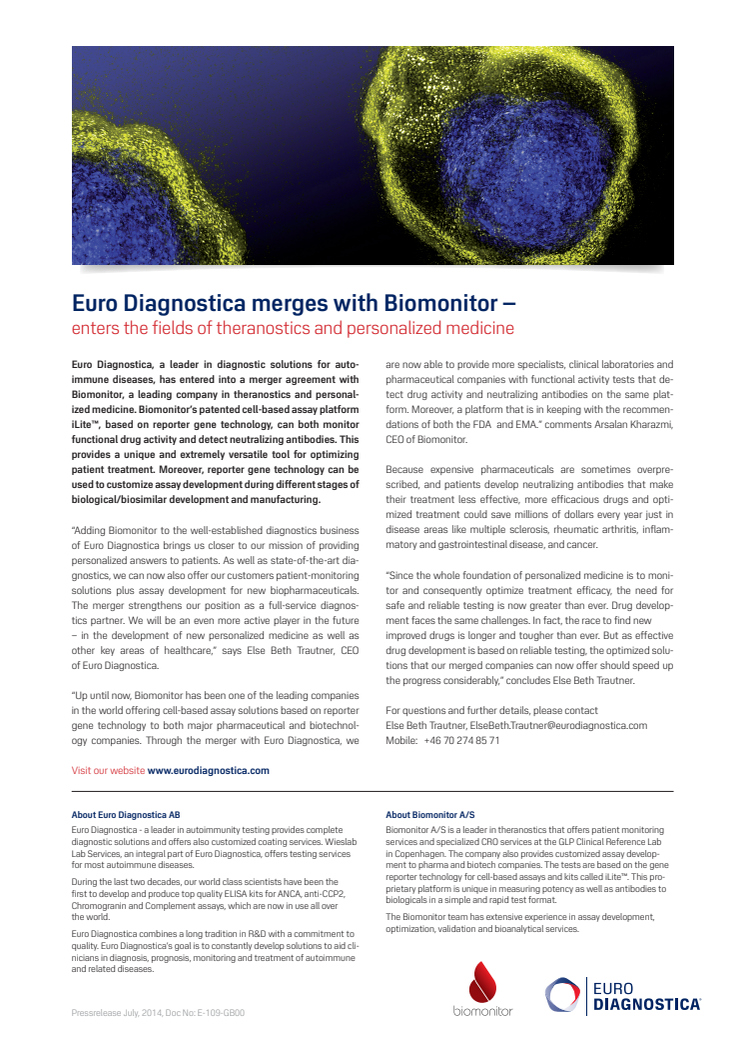 Euro Diagnostica merges with Biomonitor – enters the fields of theranostics and personalized medicine