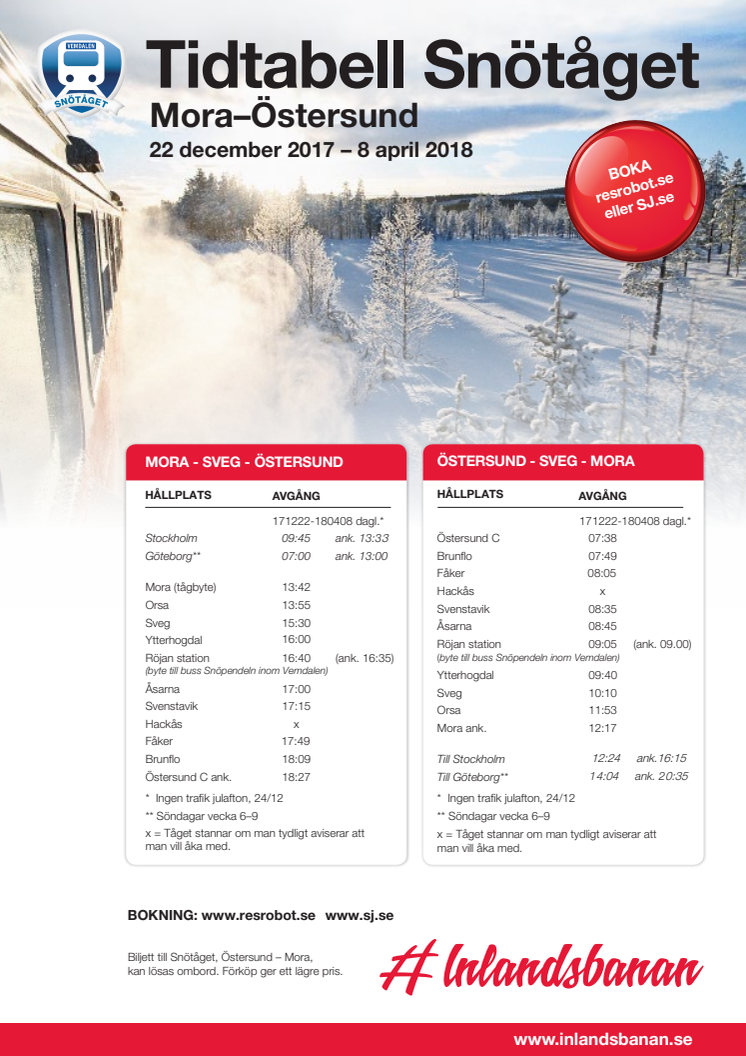 Tidtabell Snötåget 2017/2018