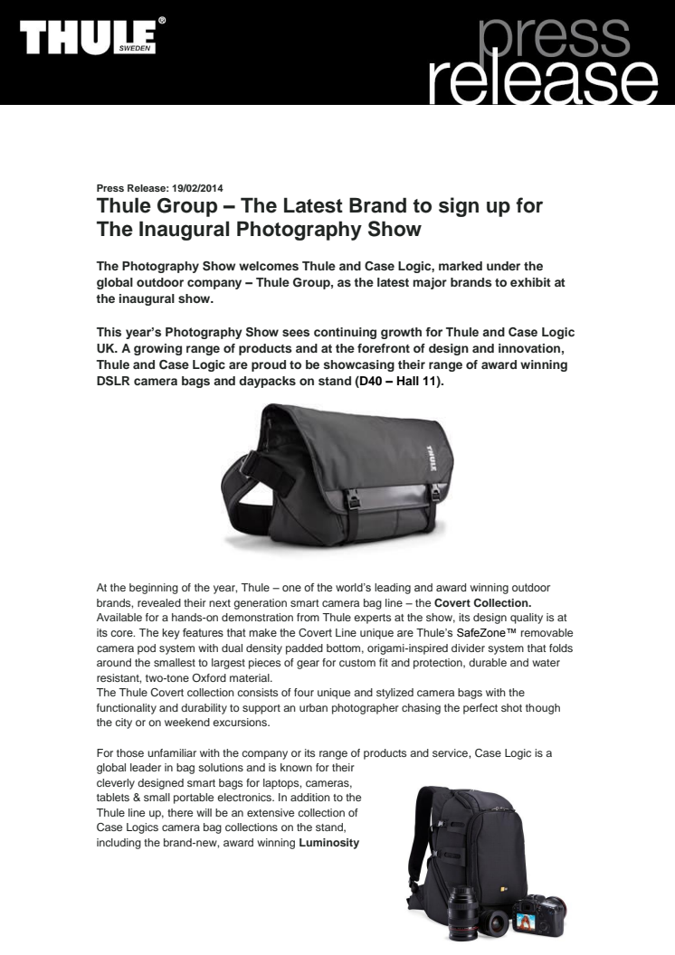 Thule Group – The Latest Brand to sign up for The Inaugural Photography Show
