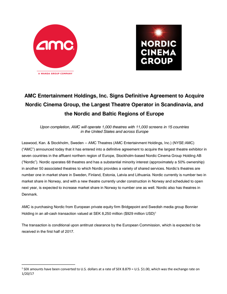AMC Entertainment Holdings, Inc. ingår avtal för att förvärva Nordic Cinema Group