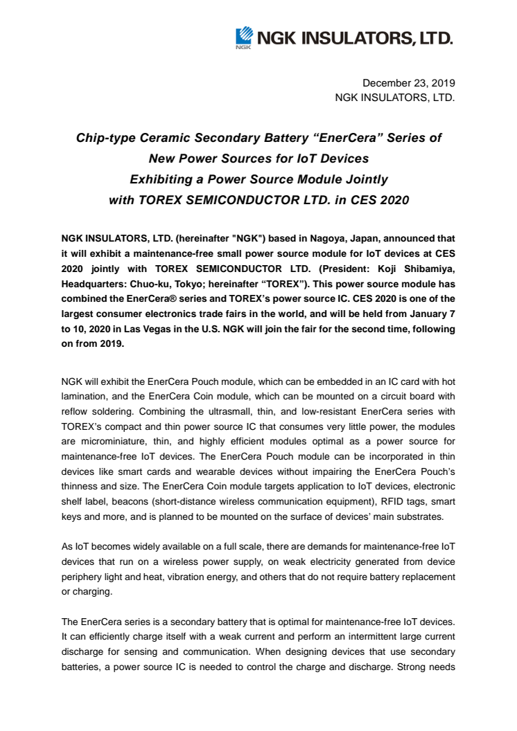 Chip-type Ceramic Secondary Battery “EnerCera” Series of New Power Sources for IoT Devices Exhibiting a Power Source Module Jointly with TOREX SEMICONDUCTOR LTD. in CES 2020