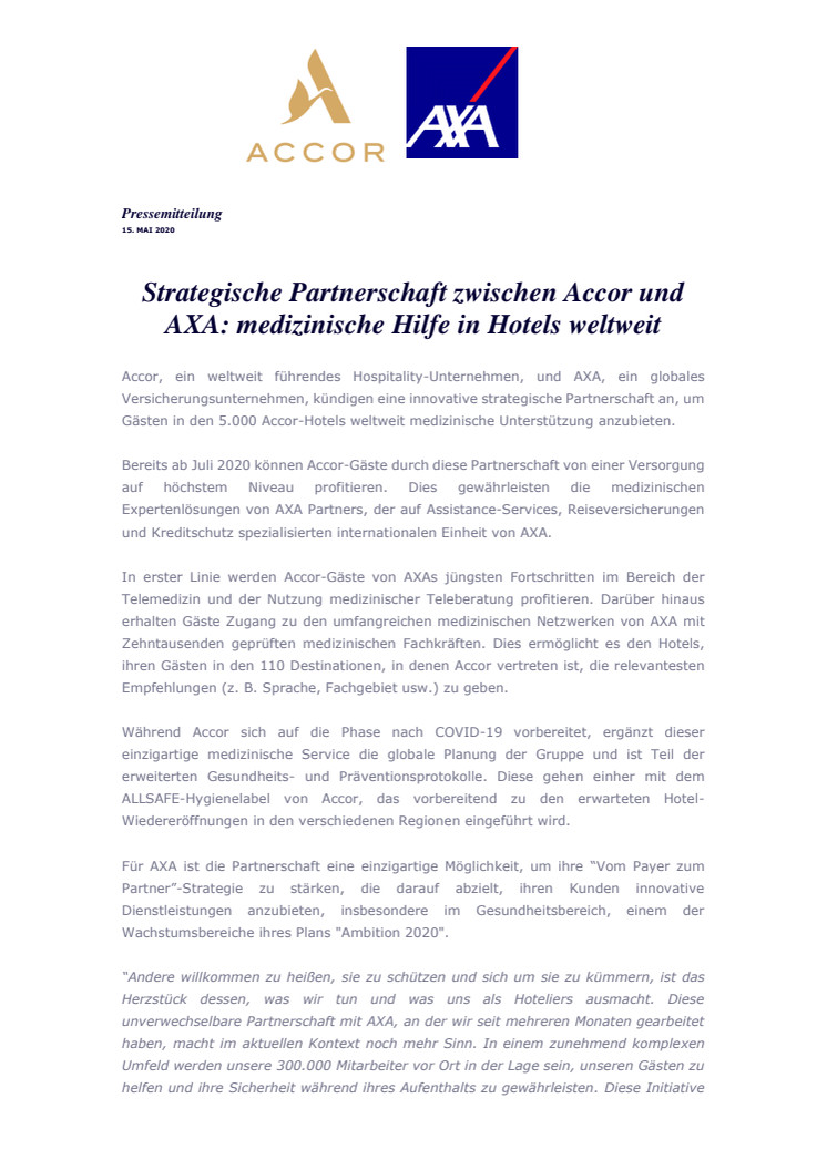 Strategische Partnerschaft zwischen Accor und AXA: medizinische Hilfe in Hotels weltweit