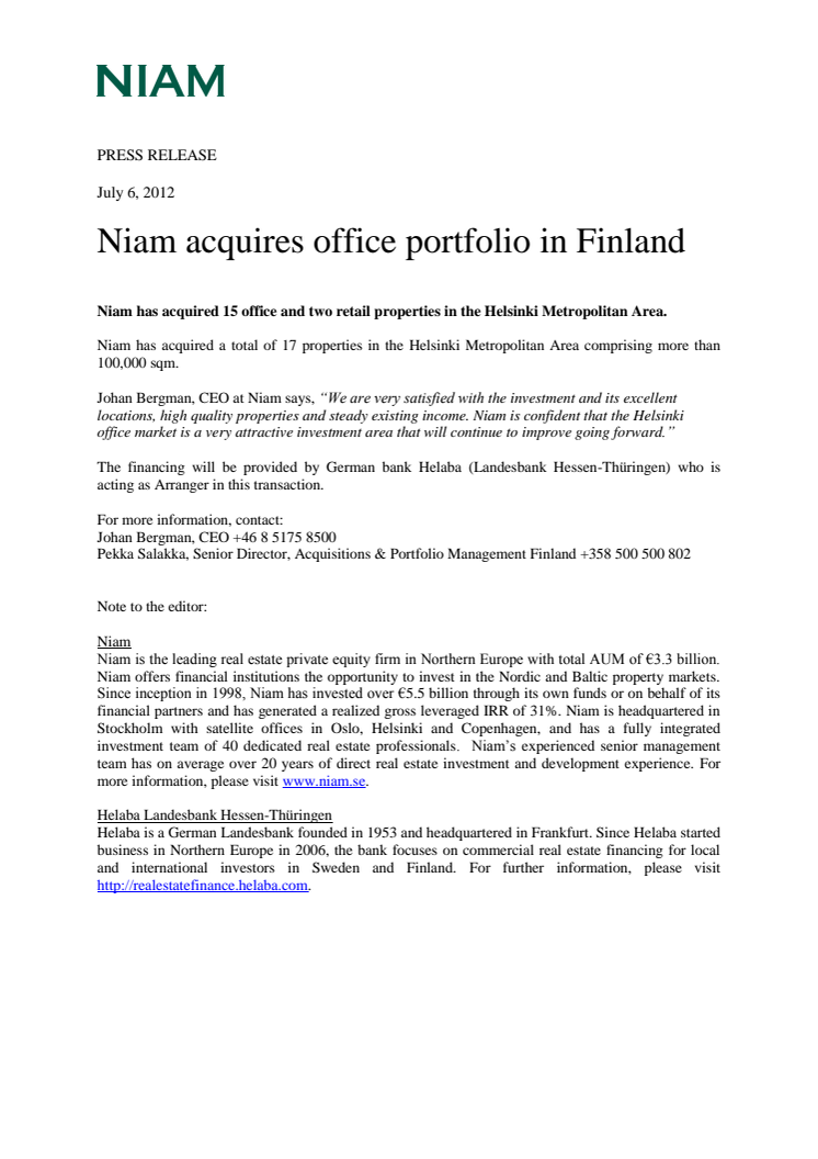 Niam acquires office portfolio in Finland