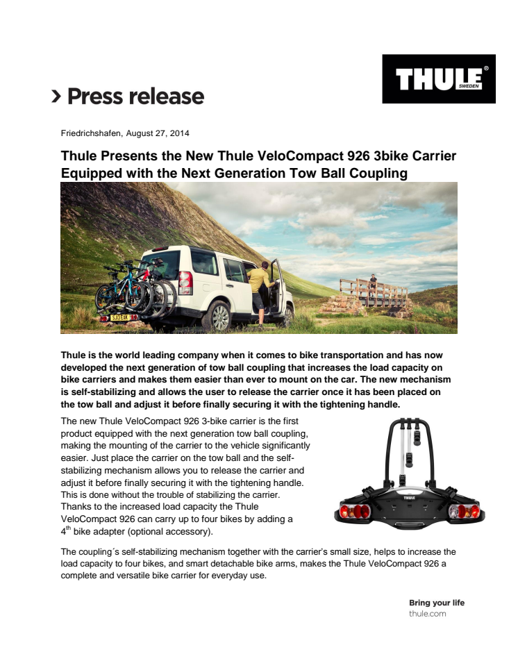 Thule Presents the New Thule VeloCompact 926 3bike Carrier Equipped with the Next Generation Tow Ball Coupling 