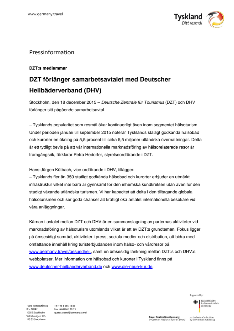 DZT förlänger samarbetsavtalet med Deutscher Heilbäderverband (DHV)
