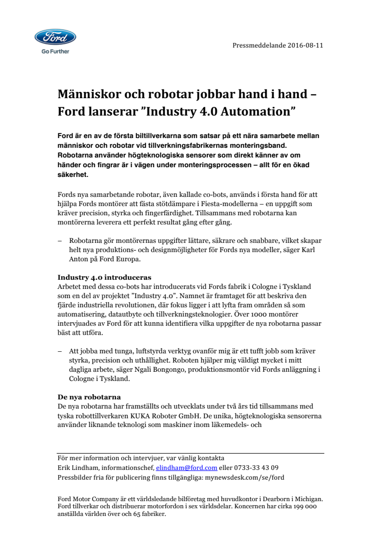 Människor och robotar jobbar hand i hand – Ford lanserar ”Industry 4.0 Automation”