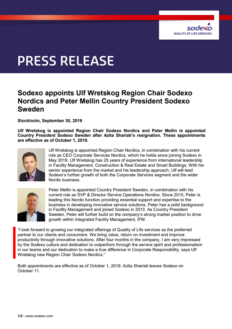 Sodexo appoints Ulf Wretskog Region Chair Sodexo Nordics and Peter Mellin Country President Sodexo Sweden 