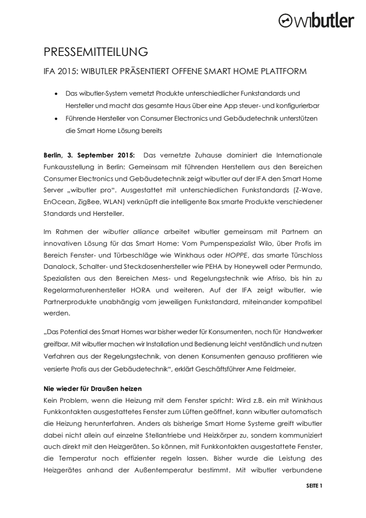 IFA 2015: WIBUTLER PRÄSENTIERT OFFENE SMART HOME PLATTFORM