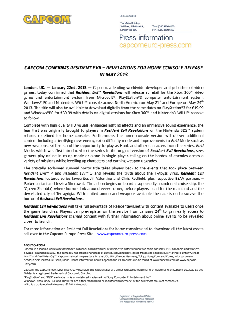 CAPCOM CONFIRMS RESIDENT EVIL™ REVELATIONS FOR HOME CONSOLE RELEASE IN MAY 2013