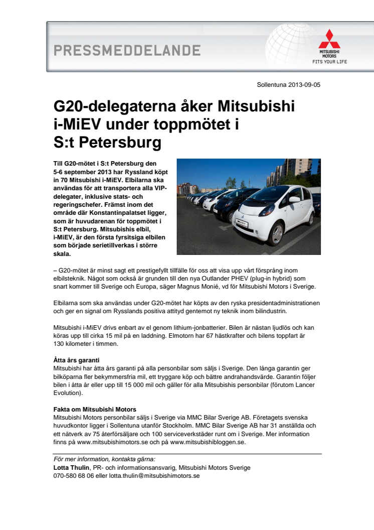 G20-delegaterna åker Mitsubishi i-MiEV under toppmötet i S:t Petersburg