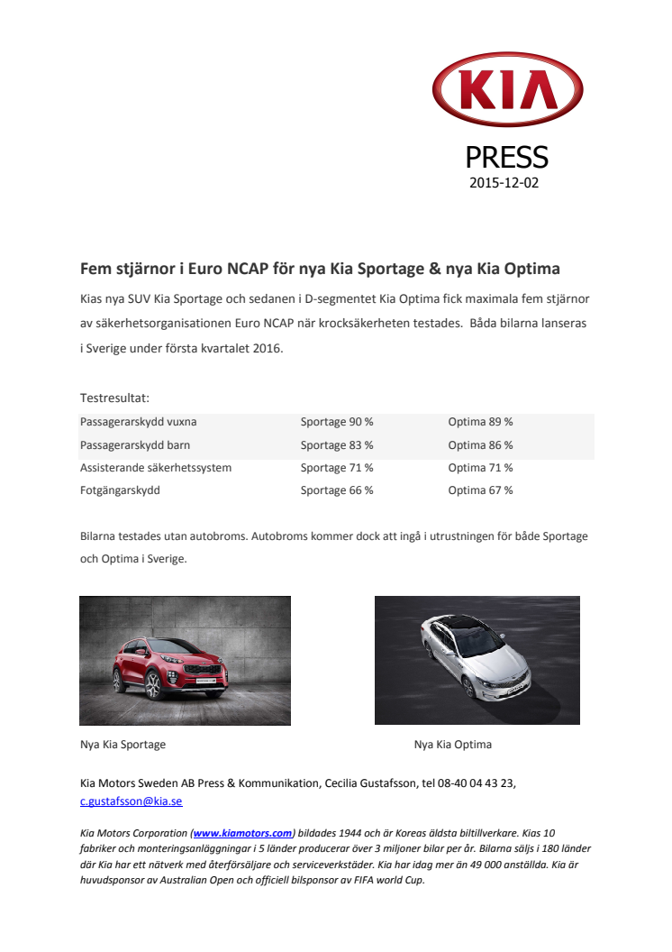 Fem stjärnor i Euro NCAP för nya Kia Sportage & nya Kia Optima