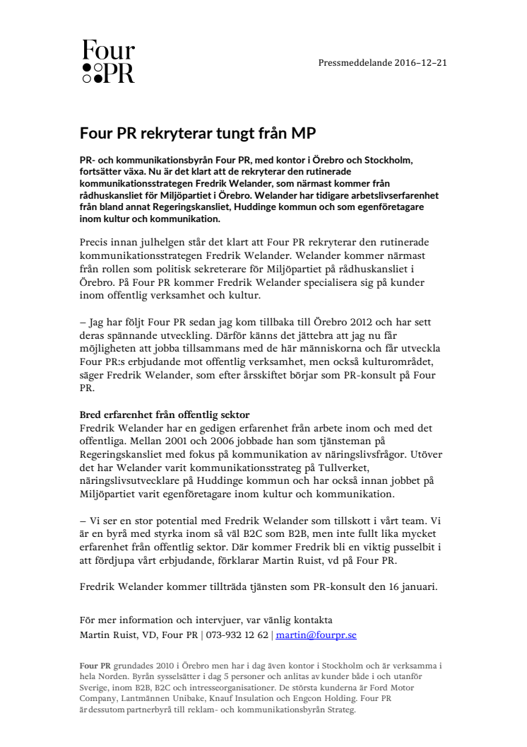 Four PR rekryterar tungt från MP