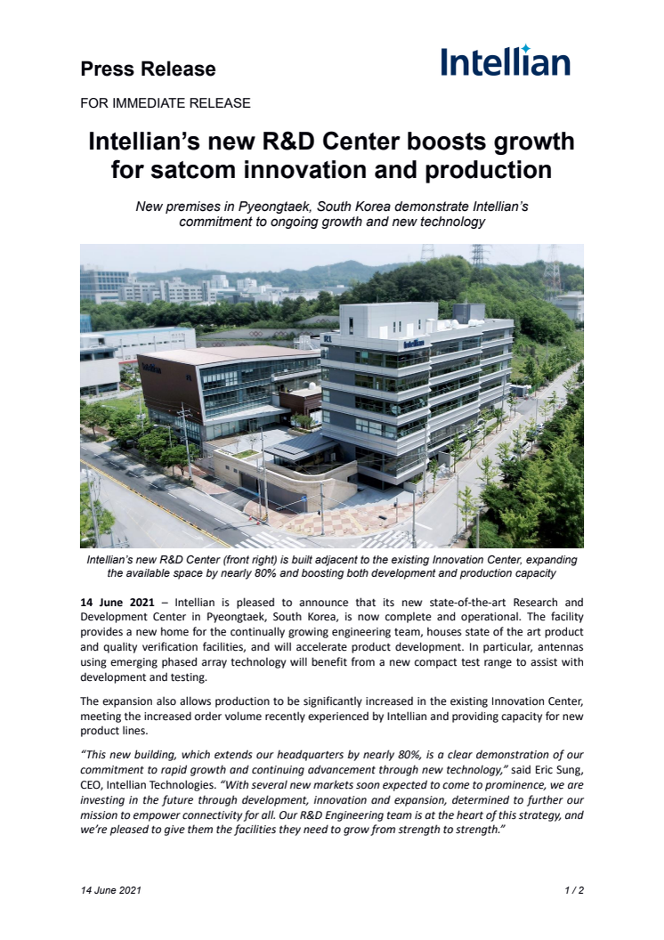 Intellian’s new R&D Center boosts growth for satcom innovation and production