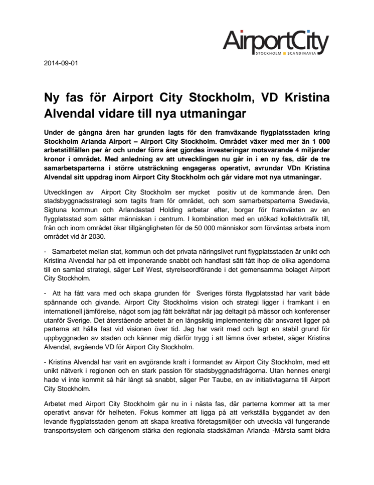 Ny fas för Airport City Stockholm, VD Kristina Alvendal vidare till nya utmaningar