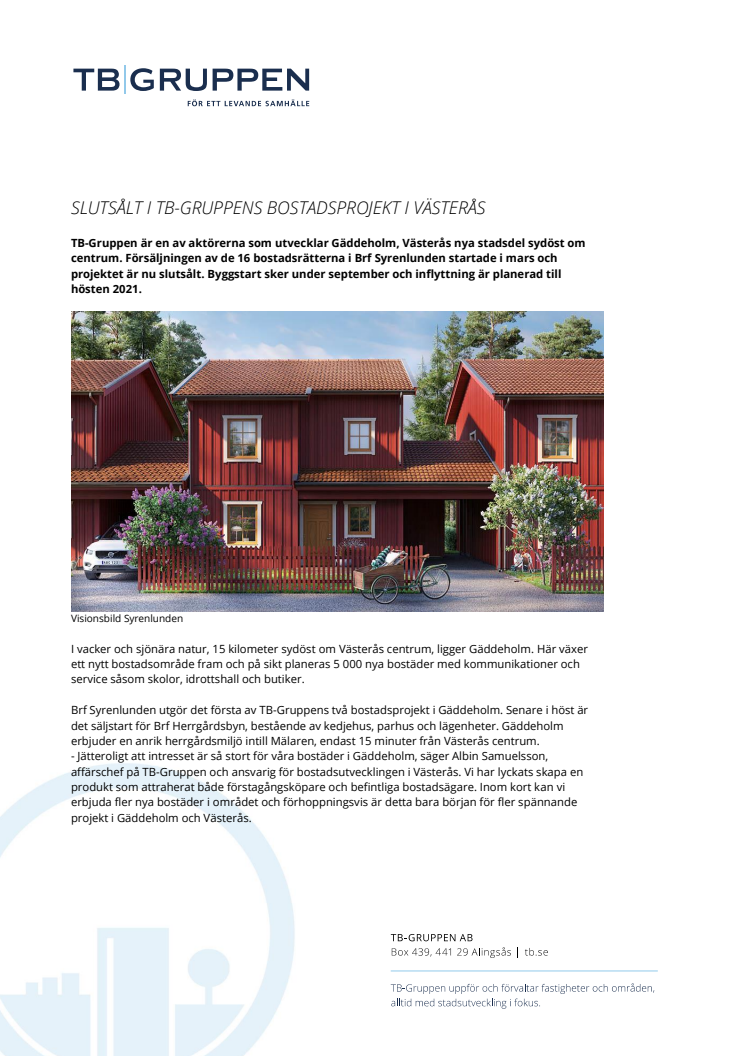 Slutsålt i TB-Gruppens bostadsprojekt i Västerås