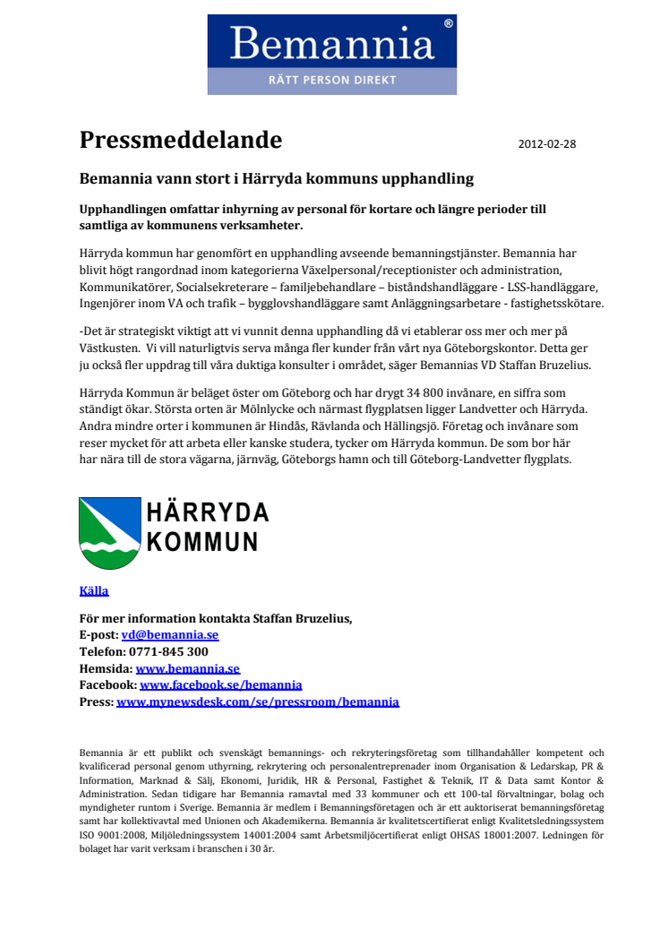 Bemannia vann stort i Härryda kommuns upphandling
