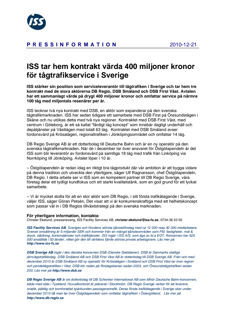 ISS tar hem kontrakt värda 400 miljoner kronor för tågtrafikservice i Sverige